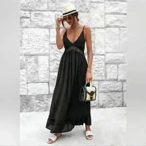 NWT JASON WU Black Linen Maxi Dress Crochet Size L